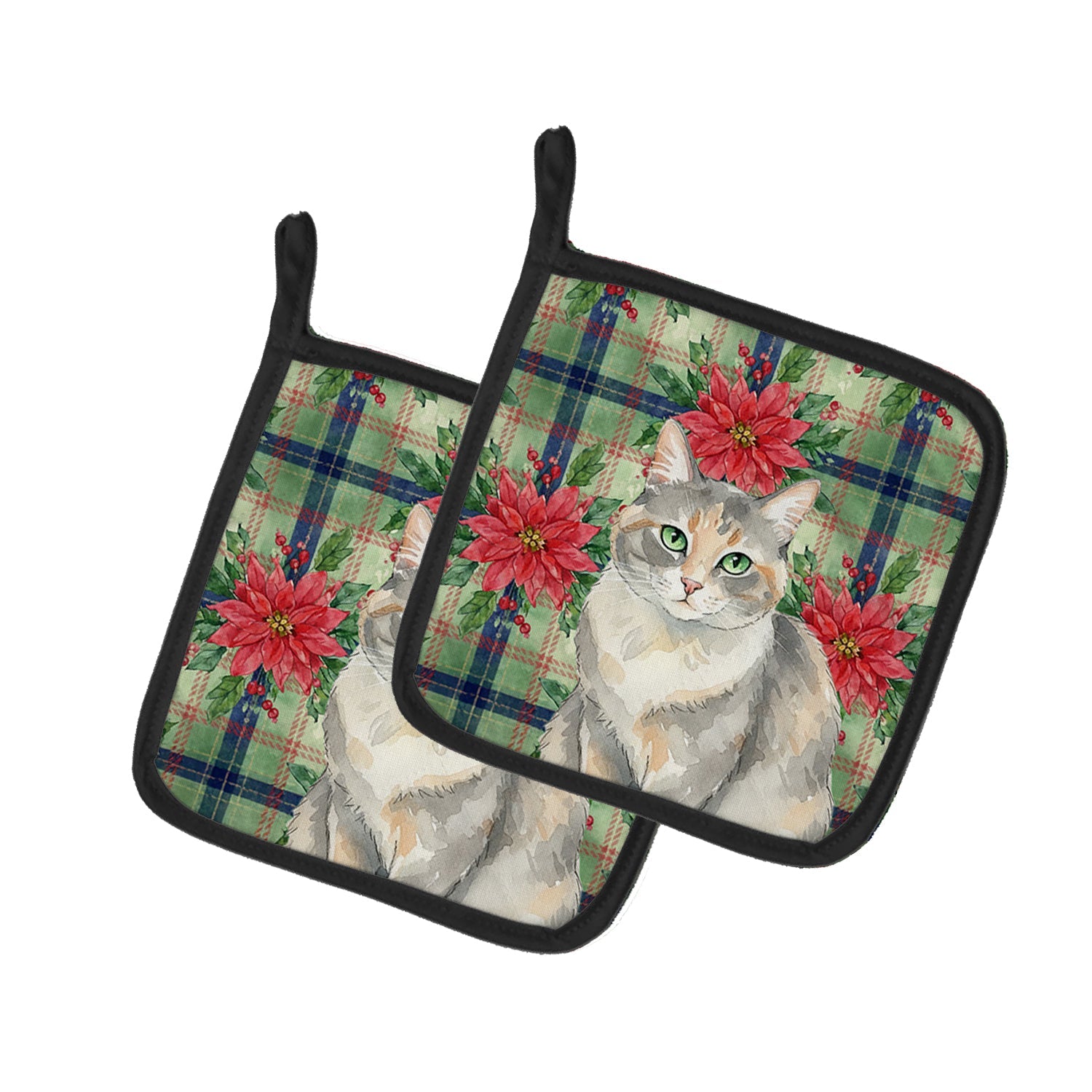 Dilute Tortoiseshell Cat with Poinsettias Pot Holder Set of 2 Heat Resistant Quilted Hot Pads 7.5 x 7.5 Inch, Insulated Kitchen Trivets for Cooking & Baking