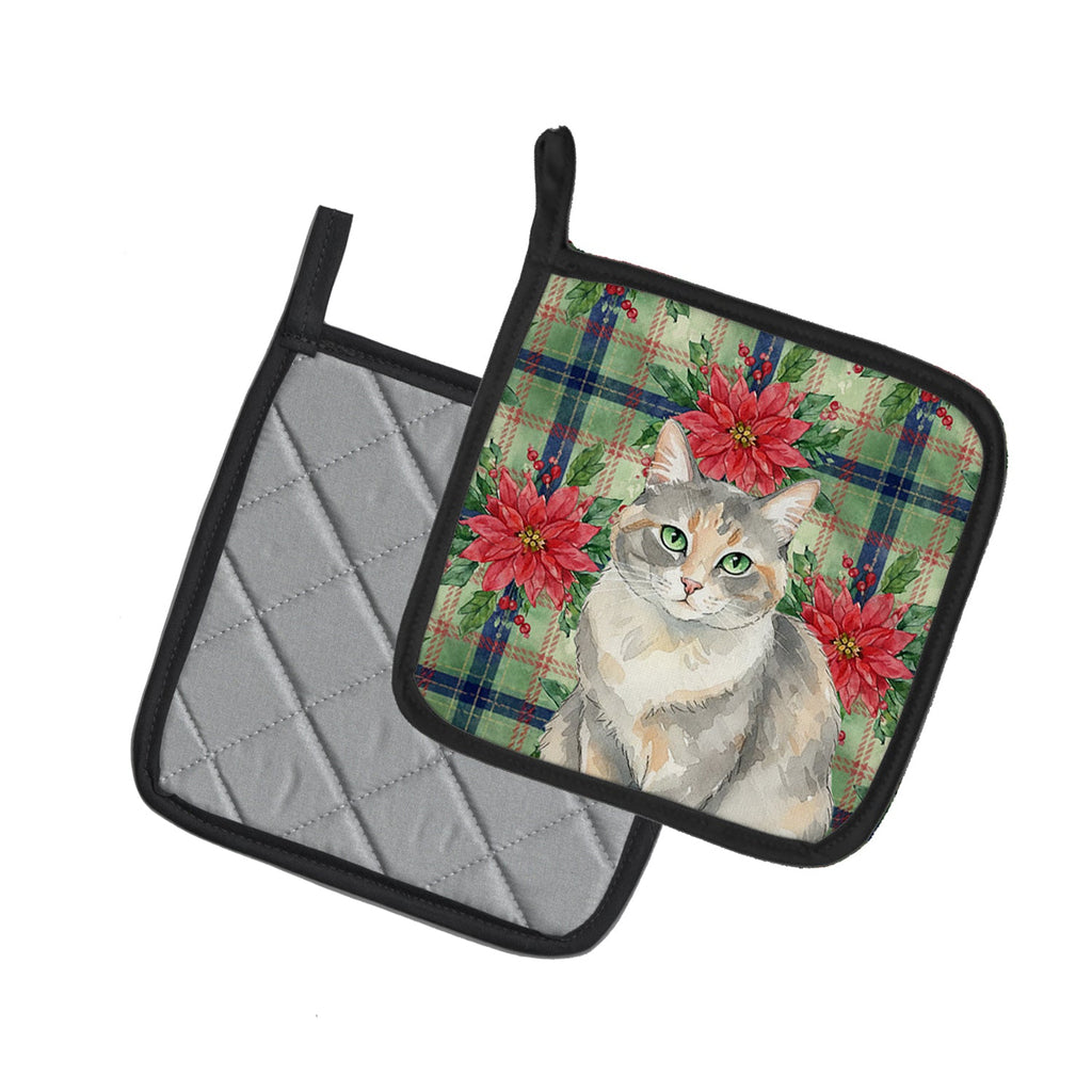 Dilute Tortoiseshell Cat with Poinsettias Pot Holder Set of 2 Heat Resistant Quilted Hot Pads 7.5 x 7.5 Inch, Insulated Kitchen Trivets for Cooking & Baking