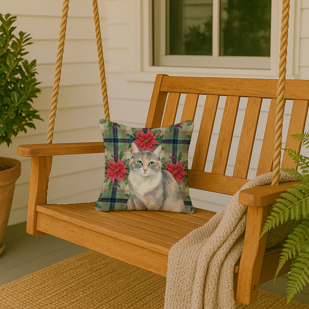 Dilute Tortoiseshell Cat with Poinsettias Decorative Throw Pillow 14x14 Indoor Outdoor Accent Cushion, Fabric Cover with Insert for Sofa, Bed, Porch & Living Room