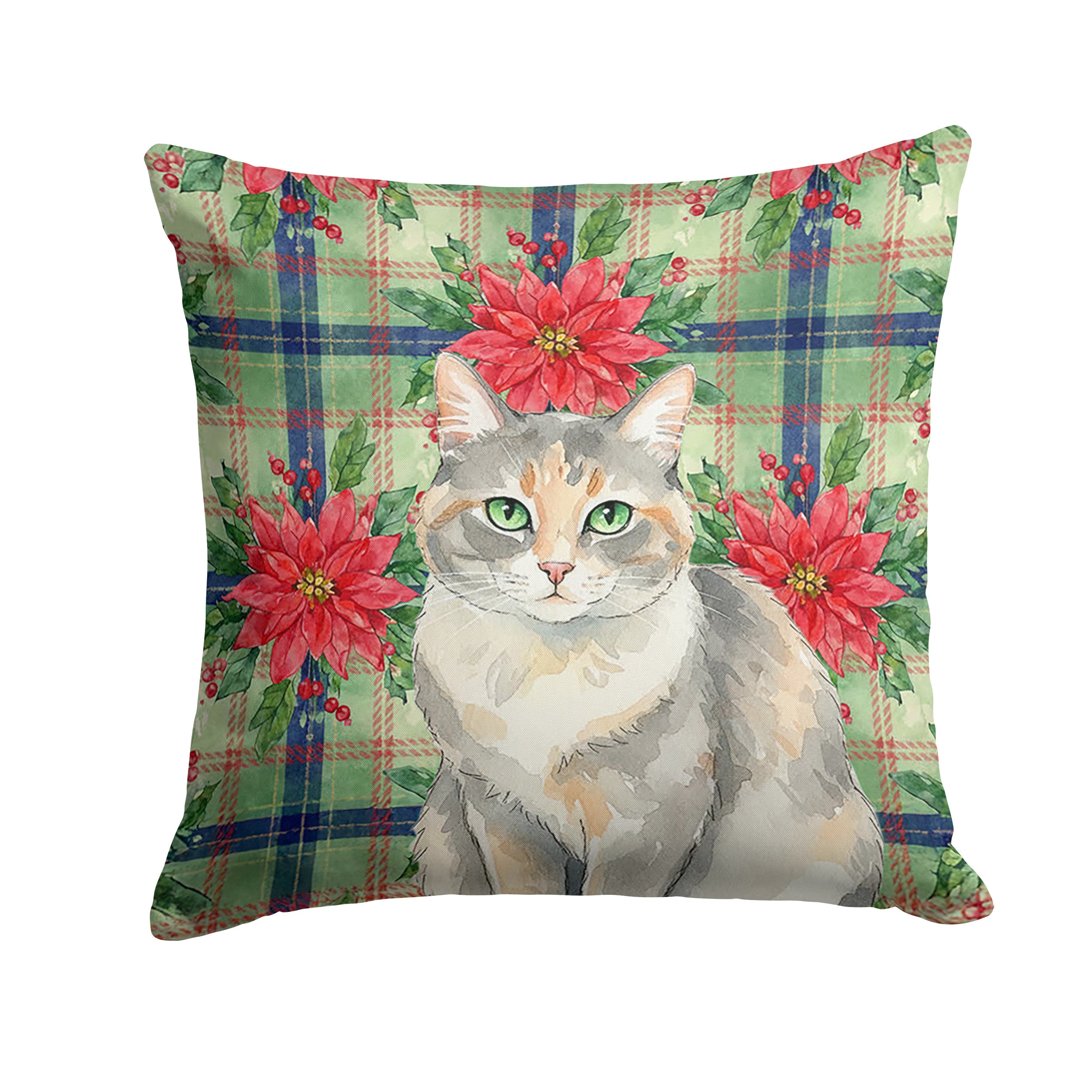 Dilute Tortoiseshell Cat with Poinsettias Decorative Throw Pillow 18x18 Indoor Outdoor Accent Cushion, Fabric Cover with Insert for Sofa, Bed, Porch & Living Room