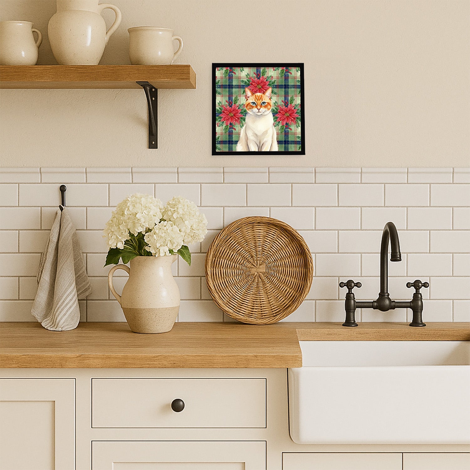Flame Point Cat with Poinsettias Framed Metal Print Bathroom, Kitchen, Office, Home Decor Wall Art Ready to Hang, Square, 8X8