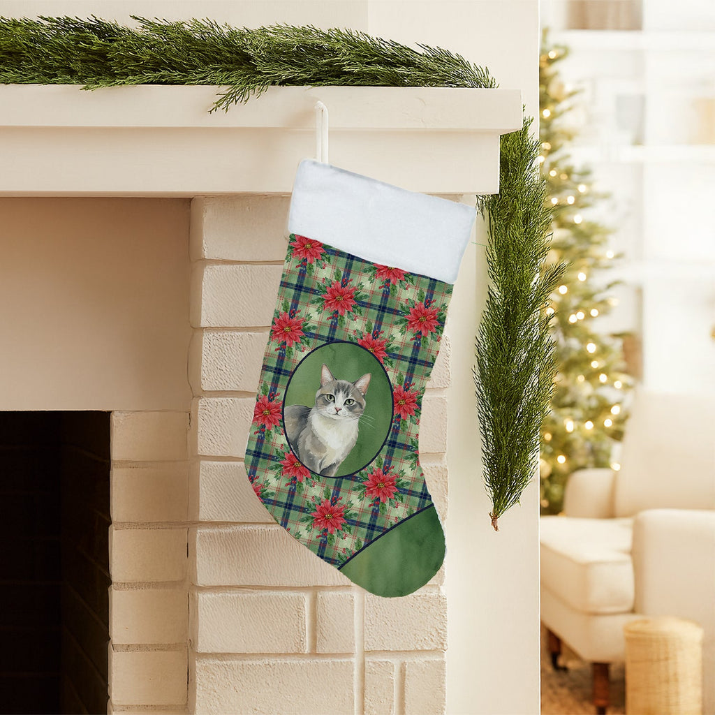 Gray and White Cat with Poinsettias Holiday Stocking Double-Sided Print, Polyester Suede,11x18, Made in USA