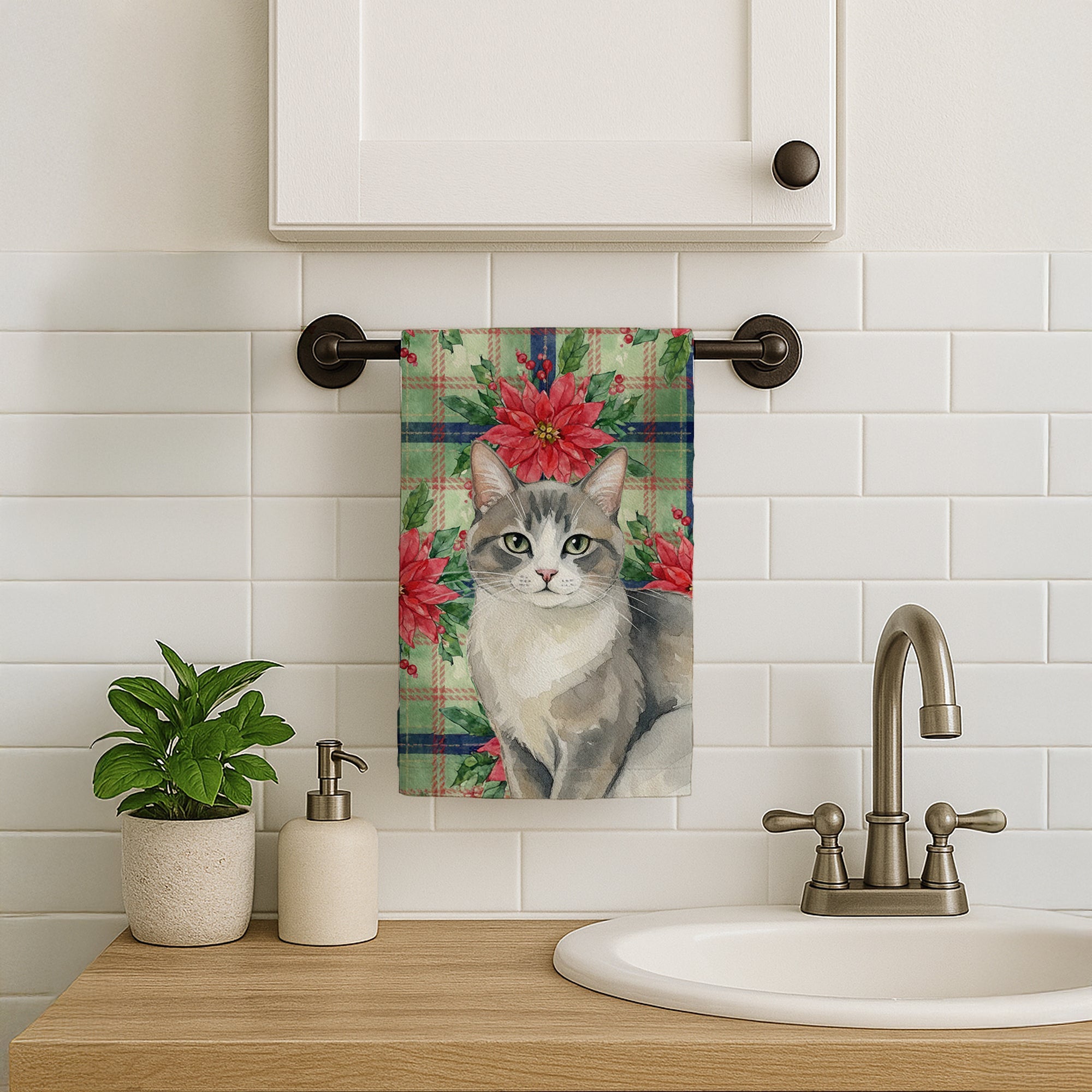 Gray and White Cat with Poinsettias Kitchen Towel Velour Plush Front and Cotton Loop Back Machine Washable