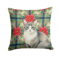 Gray and White Cat with Poinsettias Decorative Throw Pillow 14x14 Indoor Outdoor Accent Cushion, Fabric Cover with Insert for Sofa, Bed, Porch & Living Room
