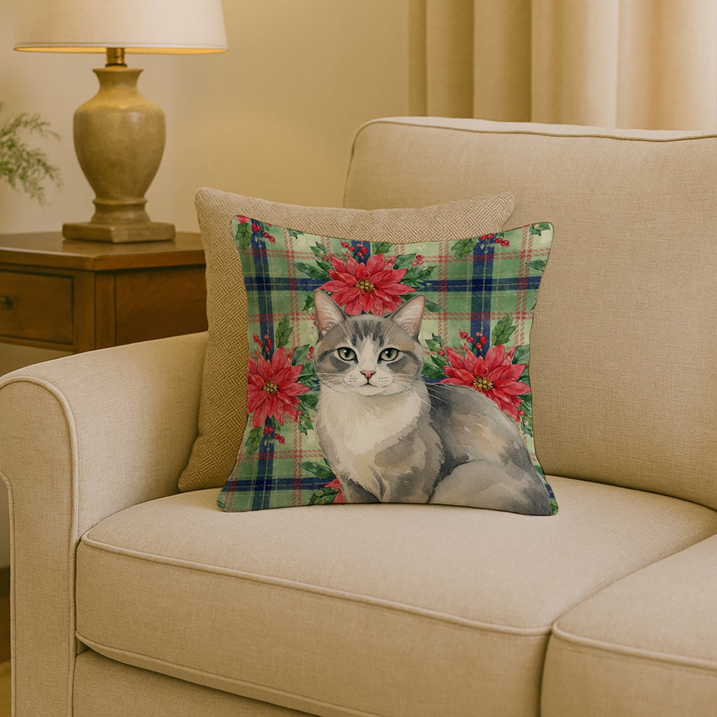 Gray and White Cat with Poinsettias Decorative Throw Pillow 18x18 Indoor Outdoor Accent Cushion, Fabric Cover with Insert for Sofa, Bed, Porch & Living Room