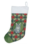 Gray Mackerel Tabby Cat with Poinsettias Holiday Stocking Double-Sided Print, Polyester Suede,11x18, Made in USA