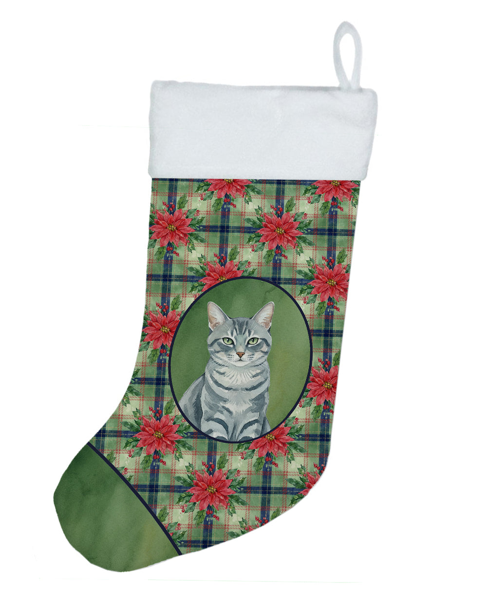 Gray Mackerel Tabby Cat with Poinsettias Holiday Stocking Double-Sided Print, Polyester Suede,11x18, Made in USA