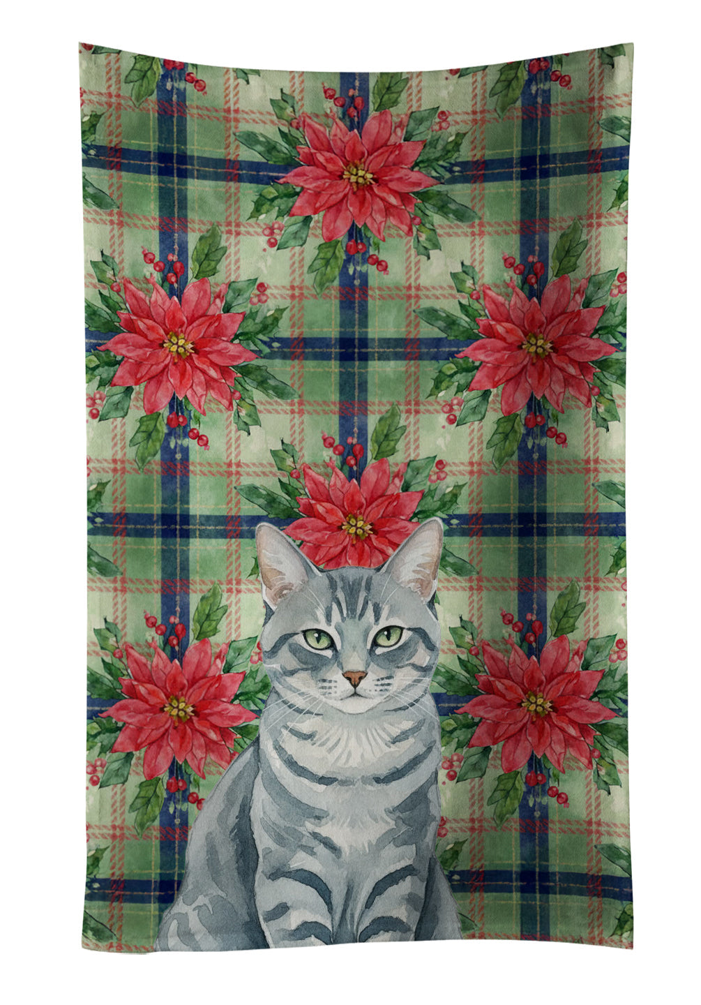 Gray Mackerel Tabby Cat with Poinsettias Kitchen Towel Velour Plush Front and Cotton Loop Back Machine Washable