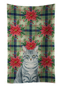 Gray Mackerel Tabby Cat with Poinsettias Kitchen Towel Velour Plush Front and Cotton Loop Back Machine Washable