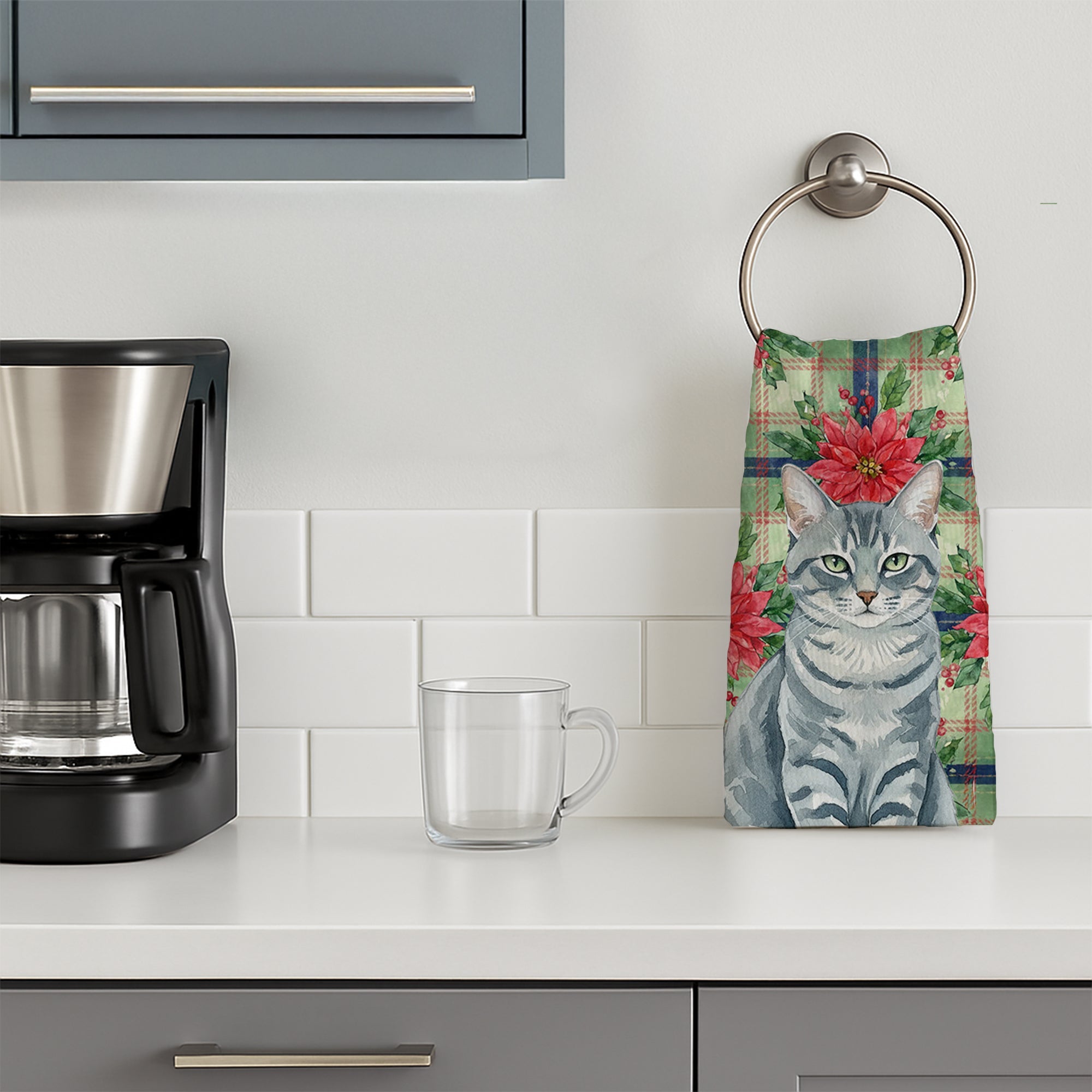 Gray Mackerel Tabby Cat with Poinsettias Kitchen Towel Velour Plush Front and Cotton Loop Back Machine Washable