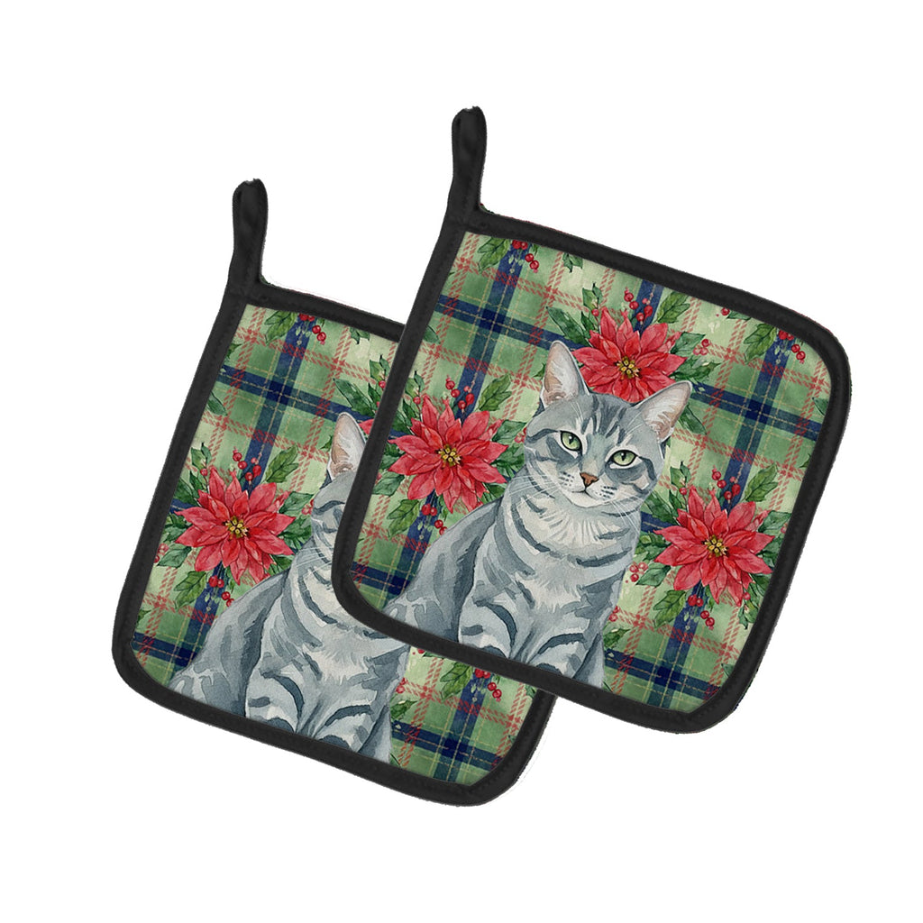 Gray Mackerel Tabby Cat with Poinsettias Pot Holder Set of 2 Heat Resistant Quilted Hot Pads 7.5 x 7.5 Inch, Insulated Kitchen Trivets for Cooking & Baking
