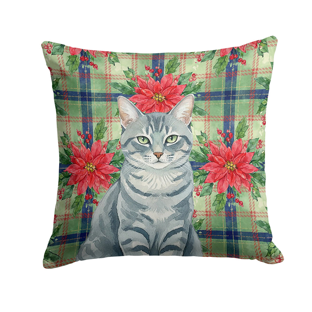 Gray Mackerel Tabby Cat with Poinsettias Decorative Throw Pillow 14x14 Indoor Outdoor Accent Cushion, Fabric Cover with Insert for Sofa, Bed, Porch & Living Room
