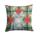 Gray Mackerel Tabby Cat with Poinsettias Decorative Throw Pillow 14x14 Indoor Outdoor Accent Cushion, Fabric Cover with Insert for Sofa, Bed, Porch & Living Room