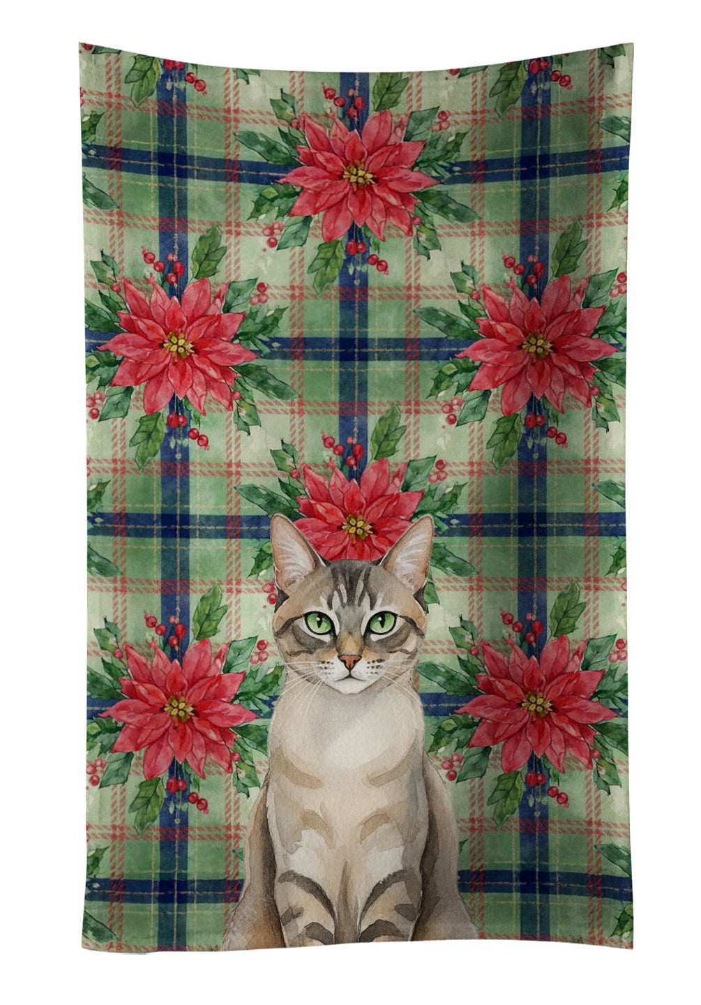 Lynx Point Tabby Cat with Poinsettias Kitchen Towel Velour Plush Front and Cotton Loop Back Machine Washable