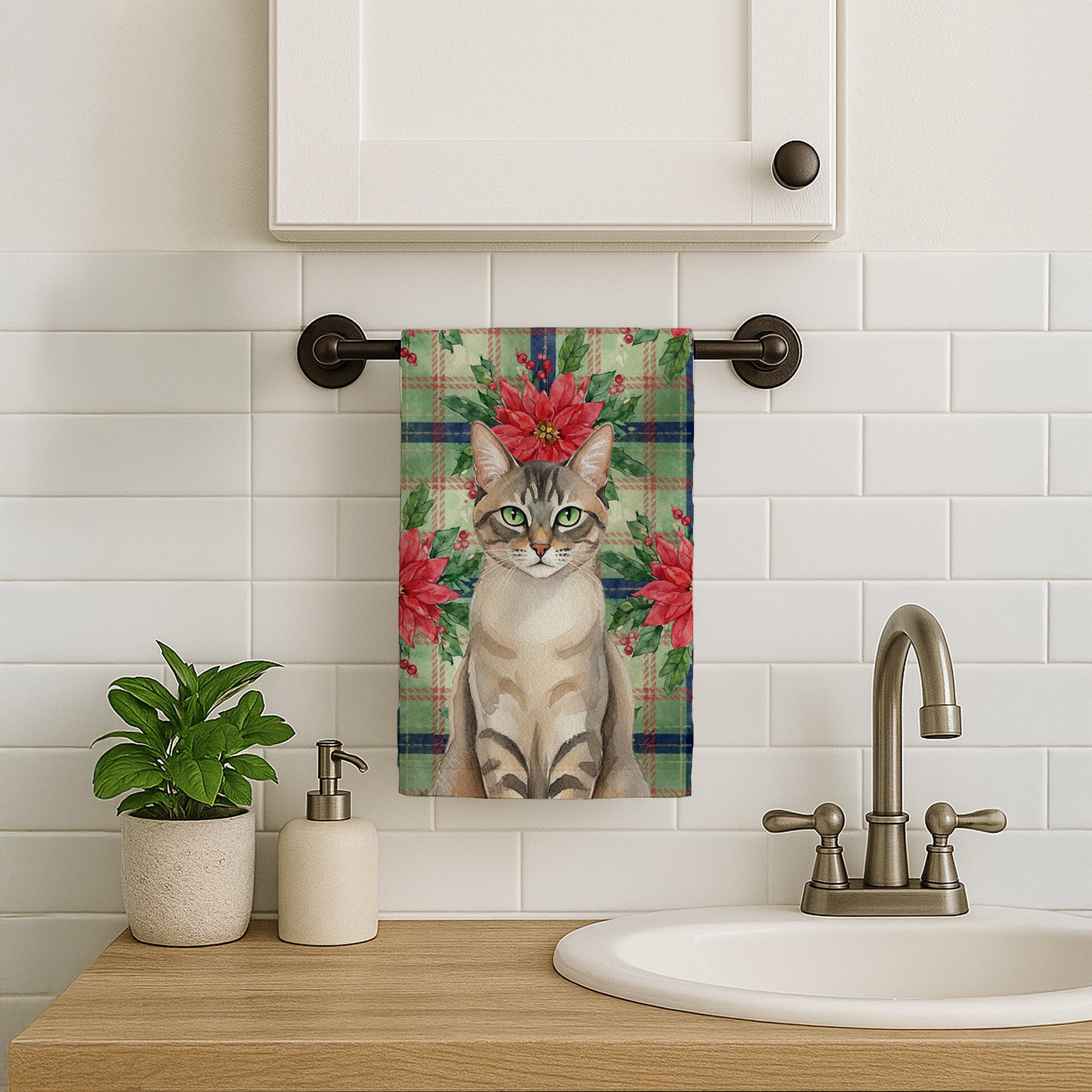 Lynx Point Tabby Cat with Poinsettias Kitchen Towel Velour Plush Front and Cotton Loop Back Machine Washable