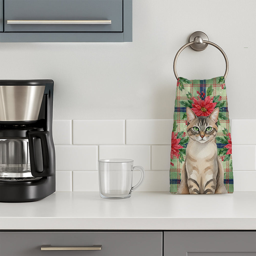 Lynx Point Tabby Cat with Poinsettias Kitchen Towel Velour Plush Front and Cotton Loop Back Machine Washable