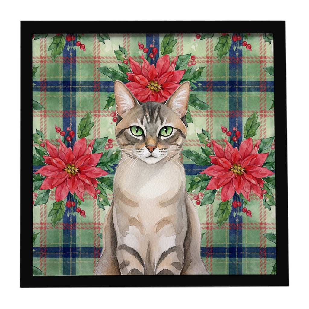 Lynx Point Tabby Cat with Poinsettias Framed Metal Print Bathroom, Kitchen, Office, Home Decor Wall Art Ready to Hang, Square, 8X8