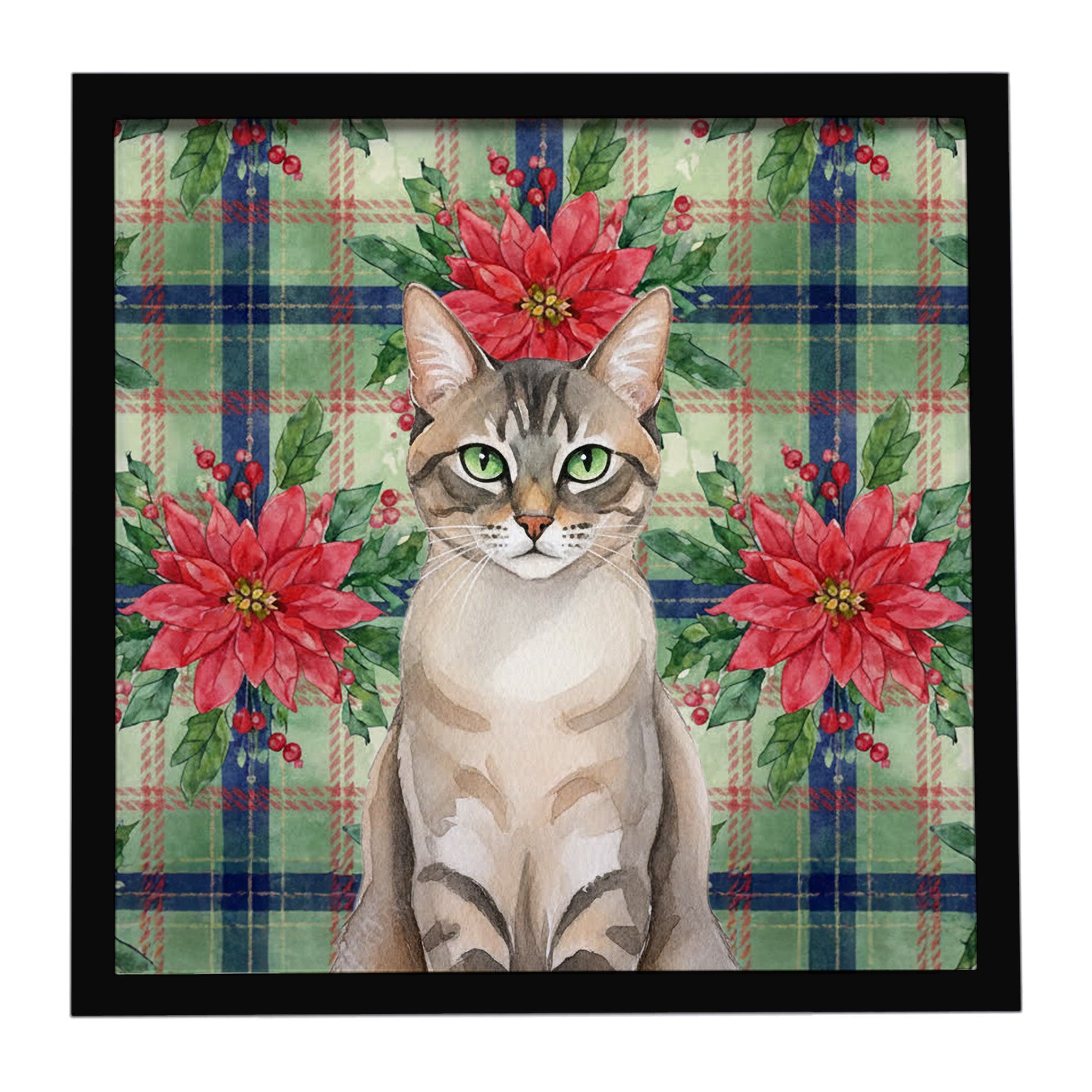 Lynx Point Tabby Cat with Poinsettias Framed Metal Print Bathroom, Kitchen, Office, Home Decor Wall Art Ready to Hang, Square, 8X8
