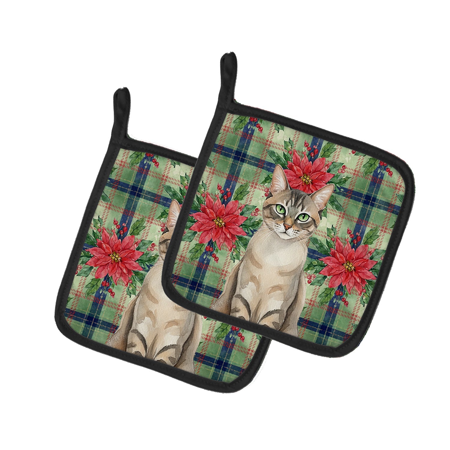 Lynx Point Tabby Cat with Poinsettias Pot Holder Set of 2 Heat Resistant Quilted Hot Pads 7.5 x 7.5 Inch, Insulated Kitchen Trivets for Cooking & Baking