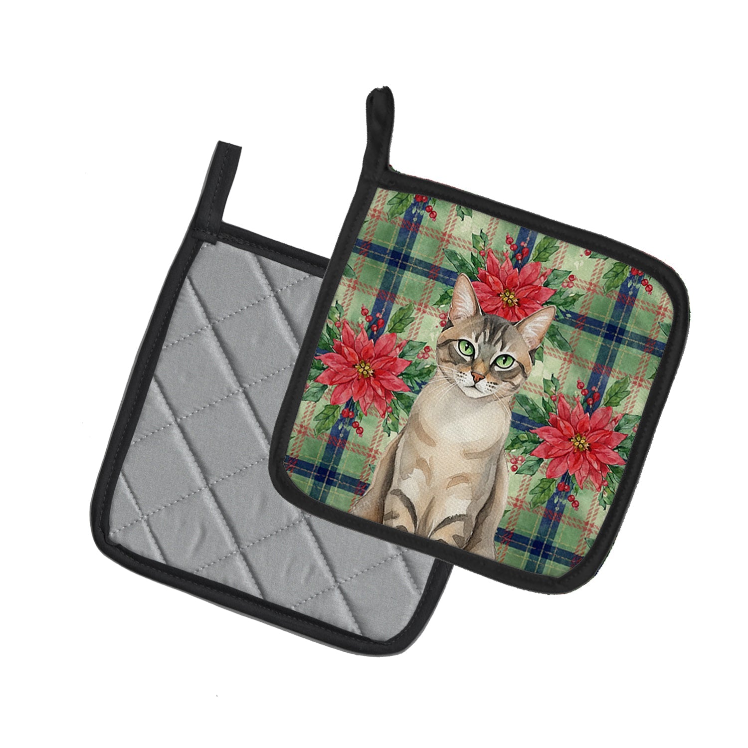 Lynx Point Tabby Cat with Poinsettias Pot Holder Set of 2 Heat Resistant Quilted Hot Pads 7.5 x 7.5 Inch, Insulated Kitchen Trivets for Cooking & Baking
