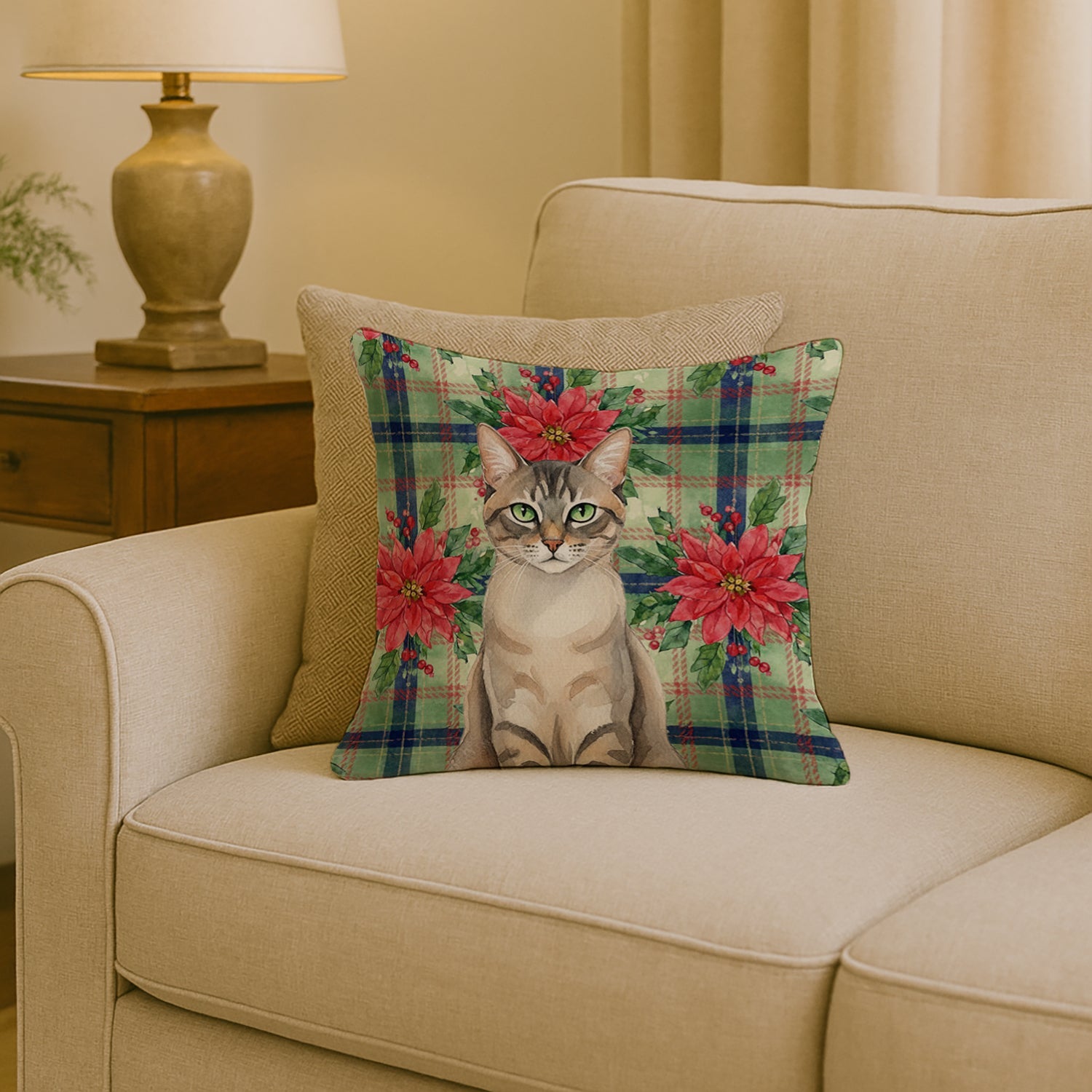 Lynx Point Tabby Cat with Poinsettias Decorative Throw Pillow 18x18 Indoor Outdoor Accent Cushion, Fabric Cover with Insert for Sofa, Bed, Porch & Living Room