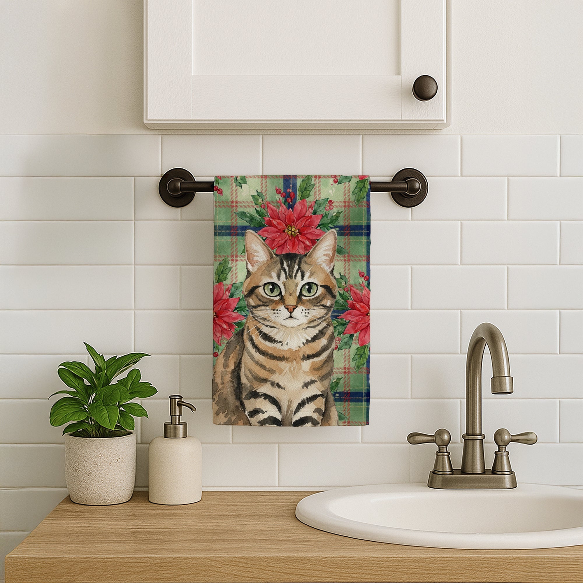 Mackerel Tabby Brown Cat with Poinsettias Kitchen Towel Velour Plush Front and Cotton Loop Back Machine Washable