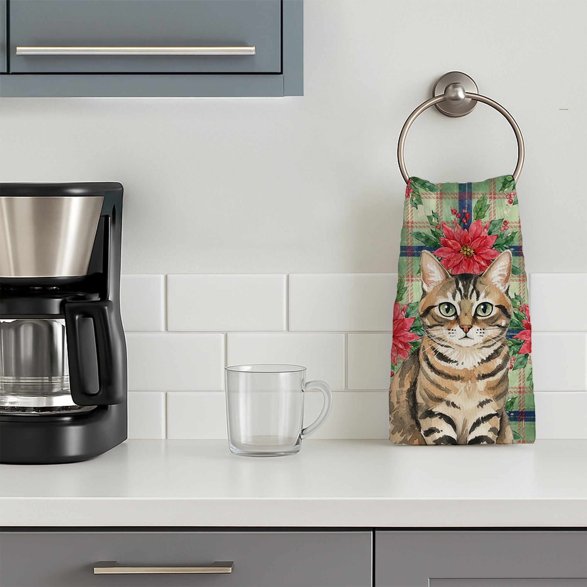 Mackerel Tabby Brown Cat with Poinsettias Kitchen Towel Velour Plush Front and Cotton Loop Back Machine Washable