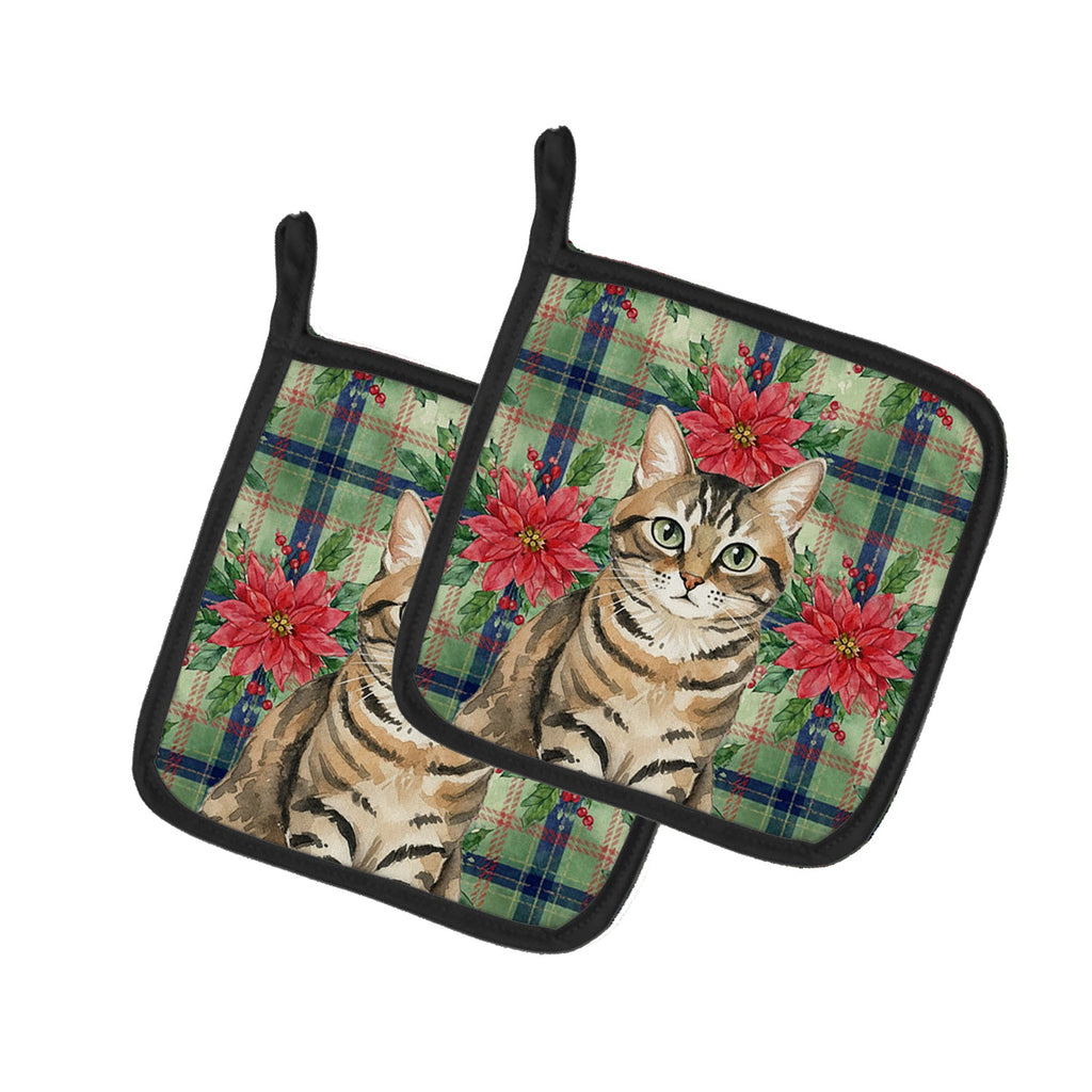 Mackerel Tabby Brown Cat with Poinsettias Pot Holder Set of 2 Heat Resistant Quilted Hot Pads 7.5 x 7.5 Inch, Insulated Kitchen Trivets for Cooking & Baking
