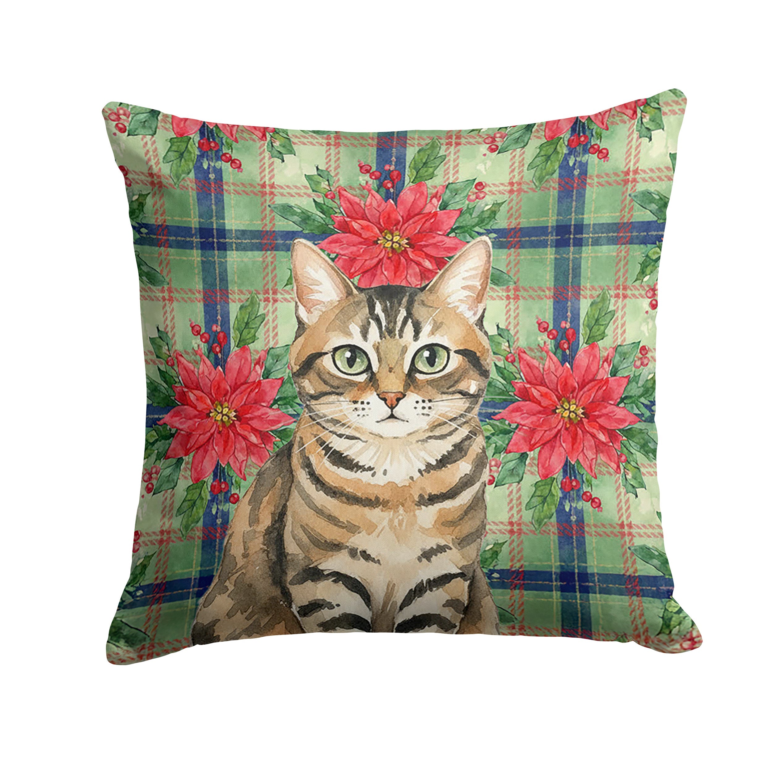 Mackerel Tabby Brown Cat with Poinsettias Decorative Throw Pillow 14x14 Indoor Outdoor Accent Cushion, Fabric Cover with Insert for Sofa, Bed, Porch & Living Room