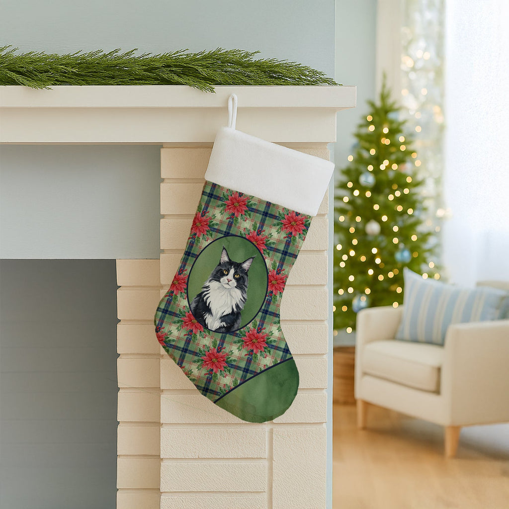 MaineCoon Black and White Cat with Poinsettias Holiday Stocking Double-Sided Print, Polyester Suede,11x18, Made in USA
