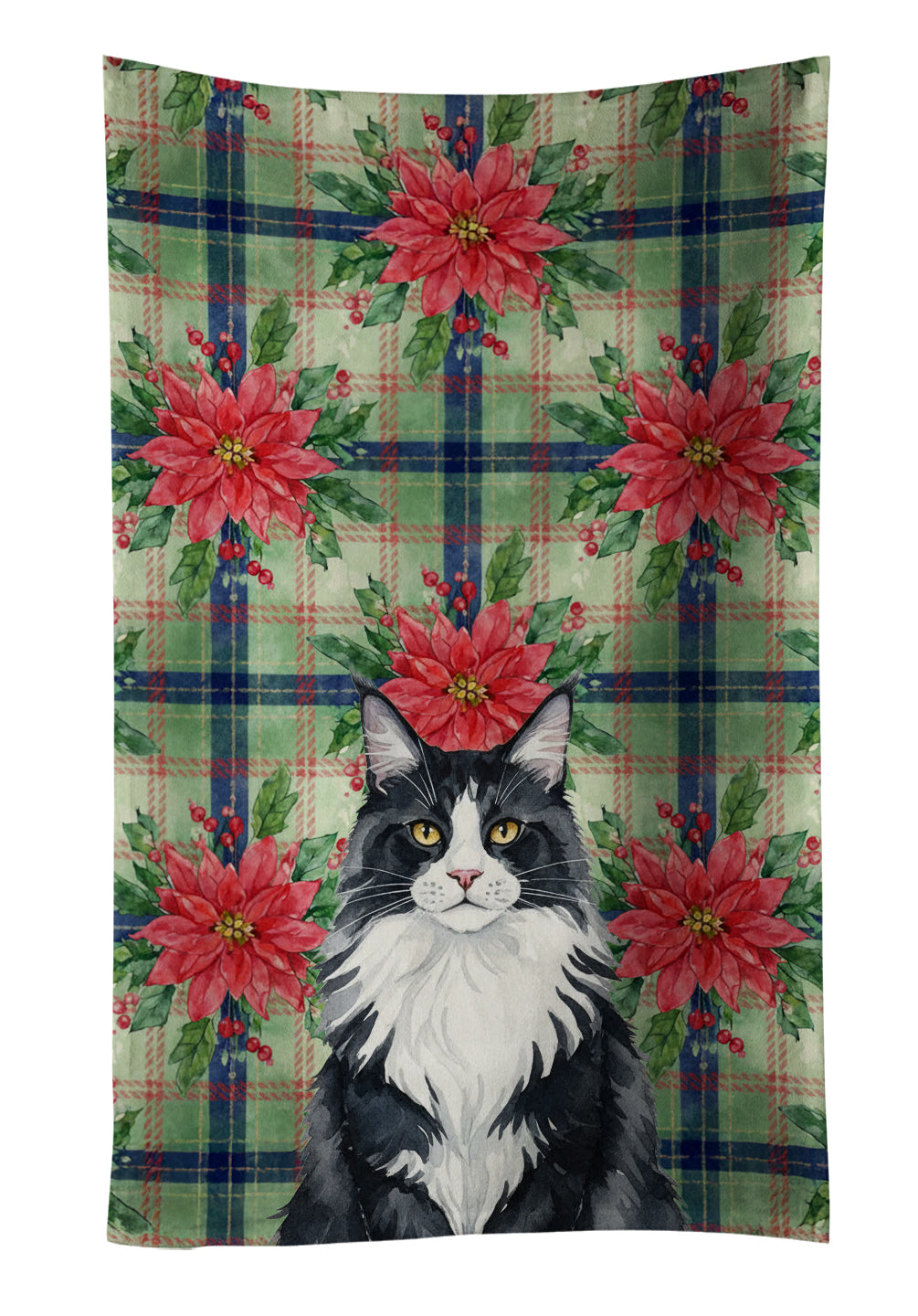 MaineCoon Black and White Cat with Poinsettias Kitchen Towel Velour Plush Front and Cotton Loop Back Machine Washable