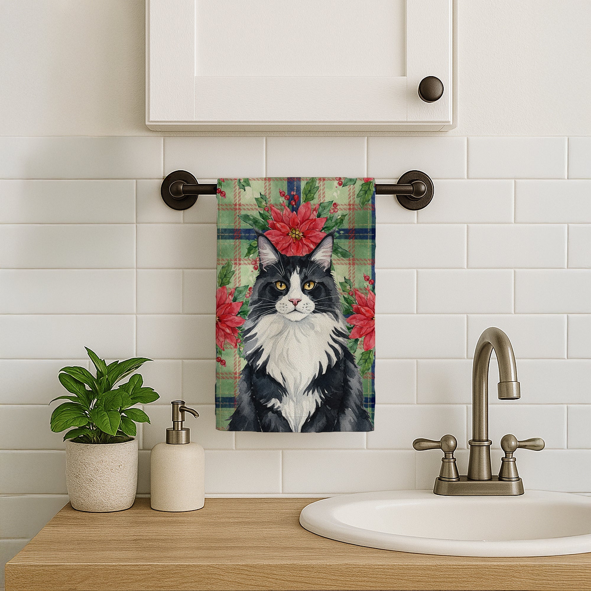 MaineCoon Black and White Cat with Poinsettias Kitchen Towel Velour Plush Front and Cotton Loop Back Machine Washable