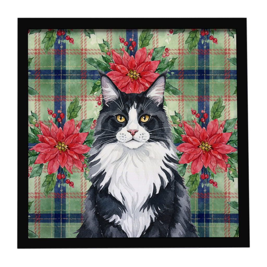 MaineCoon Black and White Cat with Poinsettias Framed Metal Print Bathroom, Kitchen, Office, Home Decor Wall Art Ready to Hang, Square, 8X8