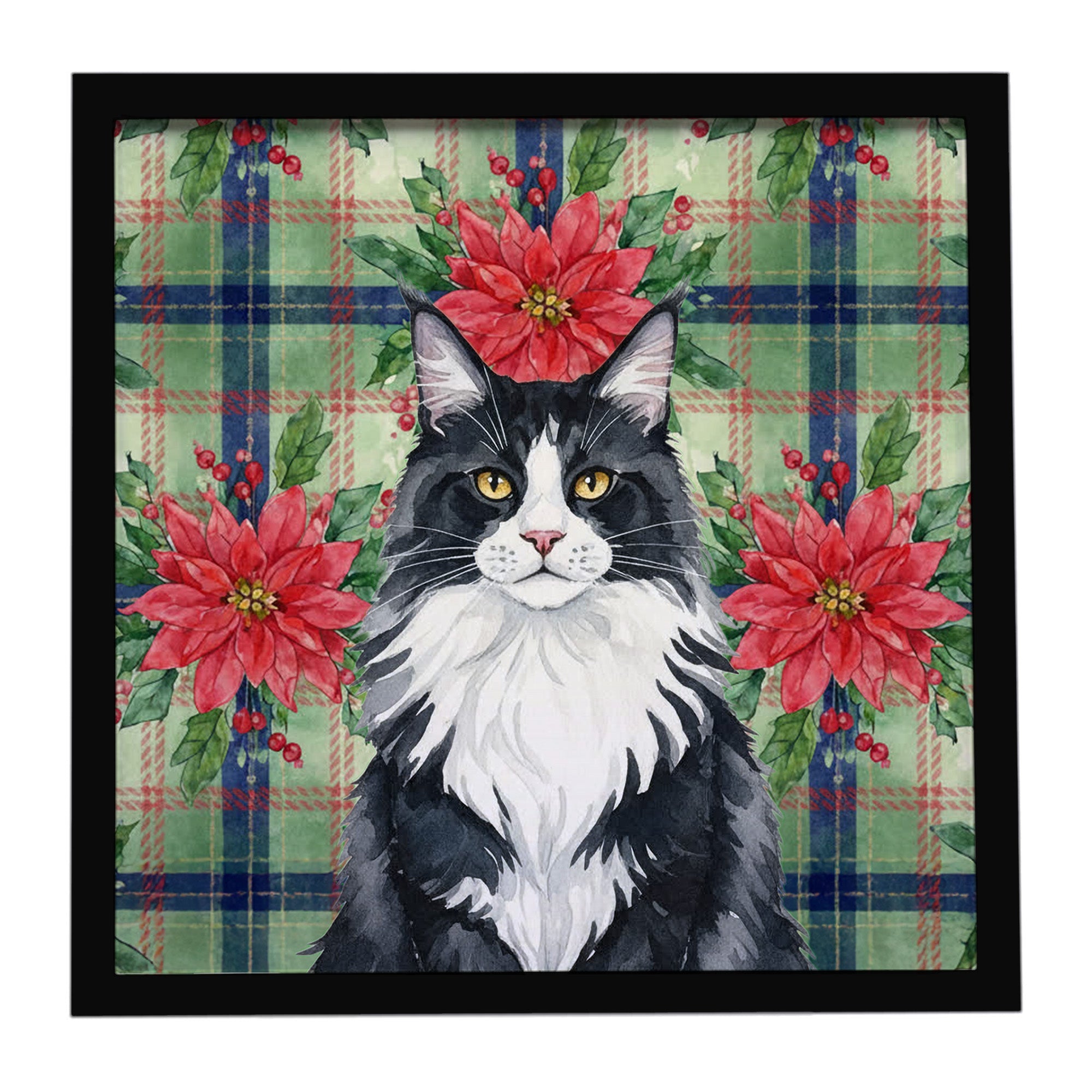 MaineCoon Black and White Cat with Poinsettias Framed Metal Print Bathroom, Kitchen, Office, Home Decor Wall Art Ready to Hang, Square, 8X8