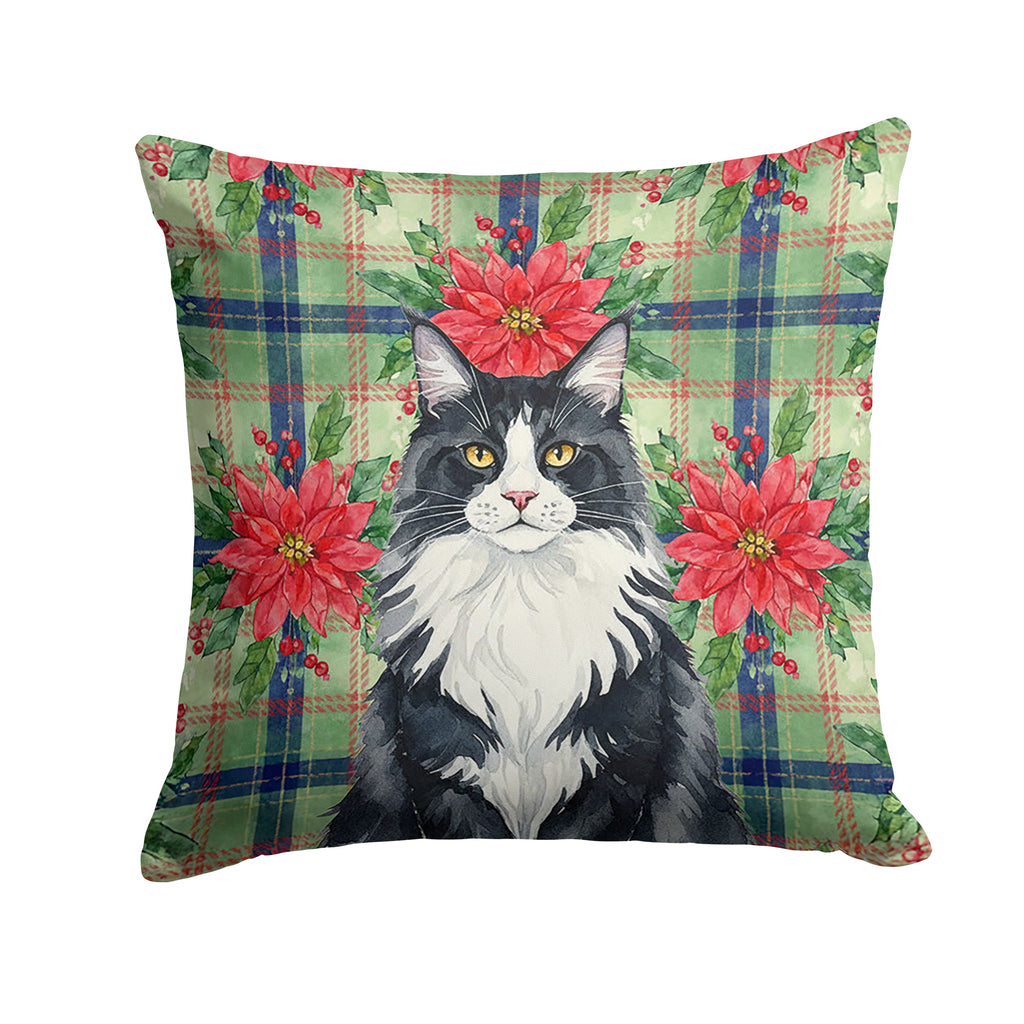 MaineCoon Black and White Cat with Poinsettias Decorative Throw Pillow 14x14 Indoor Outdoor Accent Cushion, Fabric Cover with Insert for Sofa, Bed, Porch & Living Room