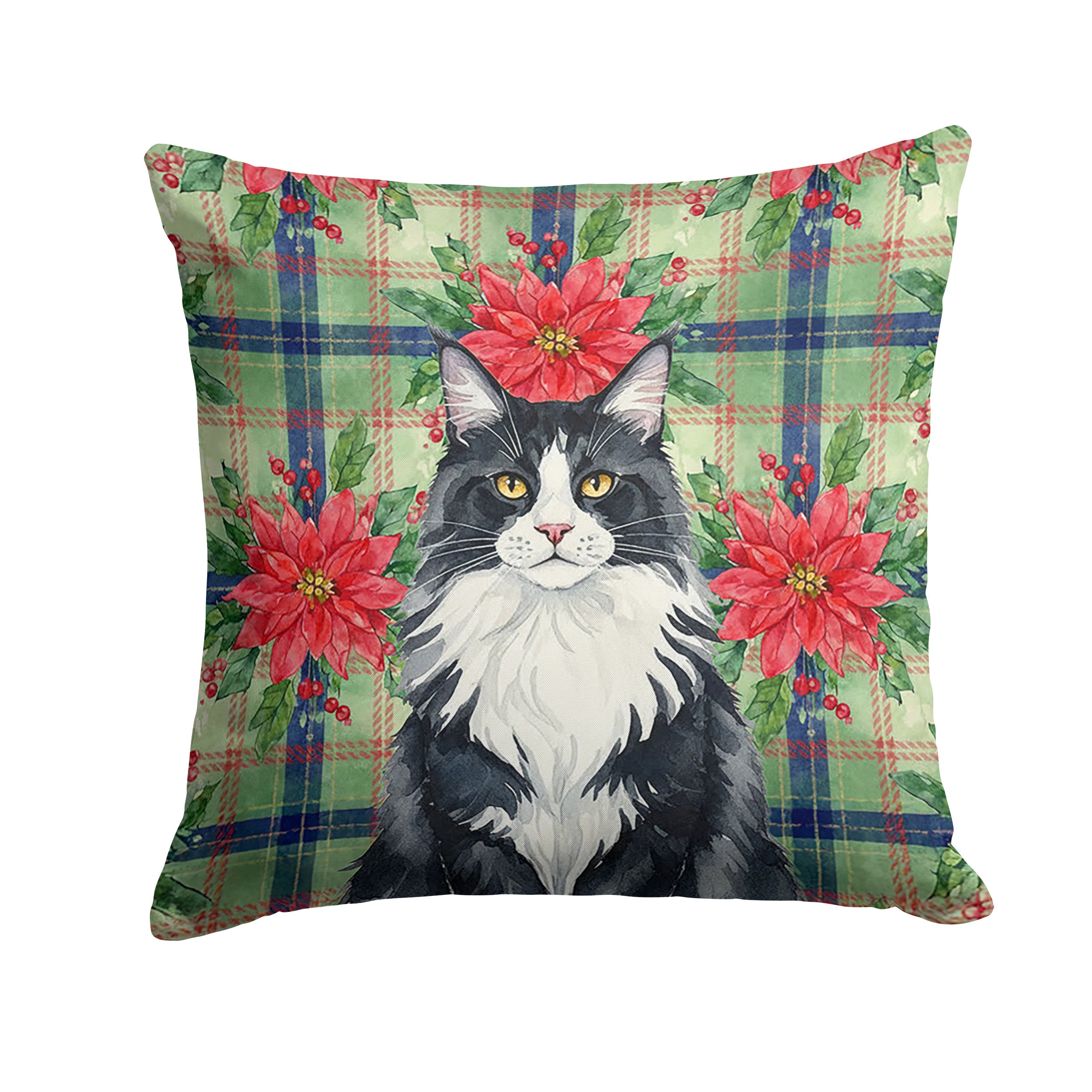 MaineCoon Black and White Cat with Poinsettias Decorative Throw Pillow 18x18 Indoor Outdoor Accent Cushion, Fabric Cover with Insert for Sofa, Bed, Porch & Living Room