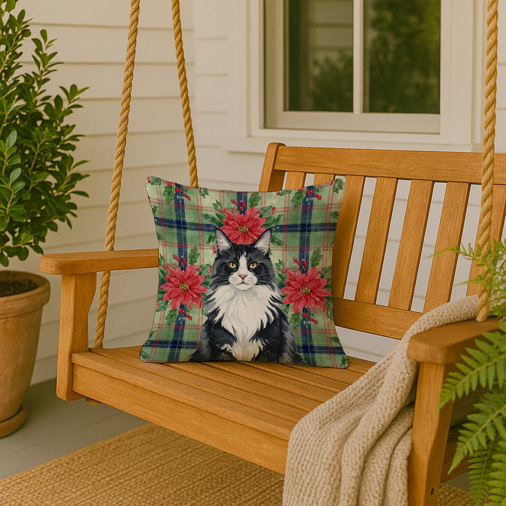 MaineCoon Black and White Cat with Poinsettias Decorative Throw Pillow 18x18 Indoor Outdoor Accent Cushion, Fabric Cover with Insert for Sofa, Bed, Porch & Living Room
