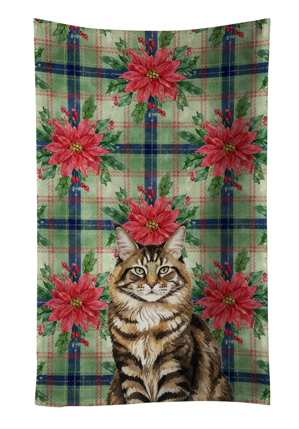 MaineCoon Brown Tabby Cat with Poinsettias Kitchen Towel Velour Plush Front and Cotton Loop Back Machine Washable