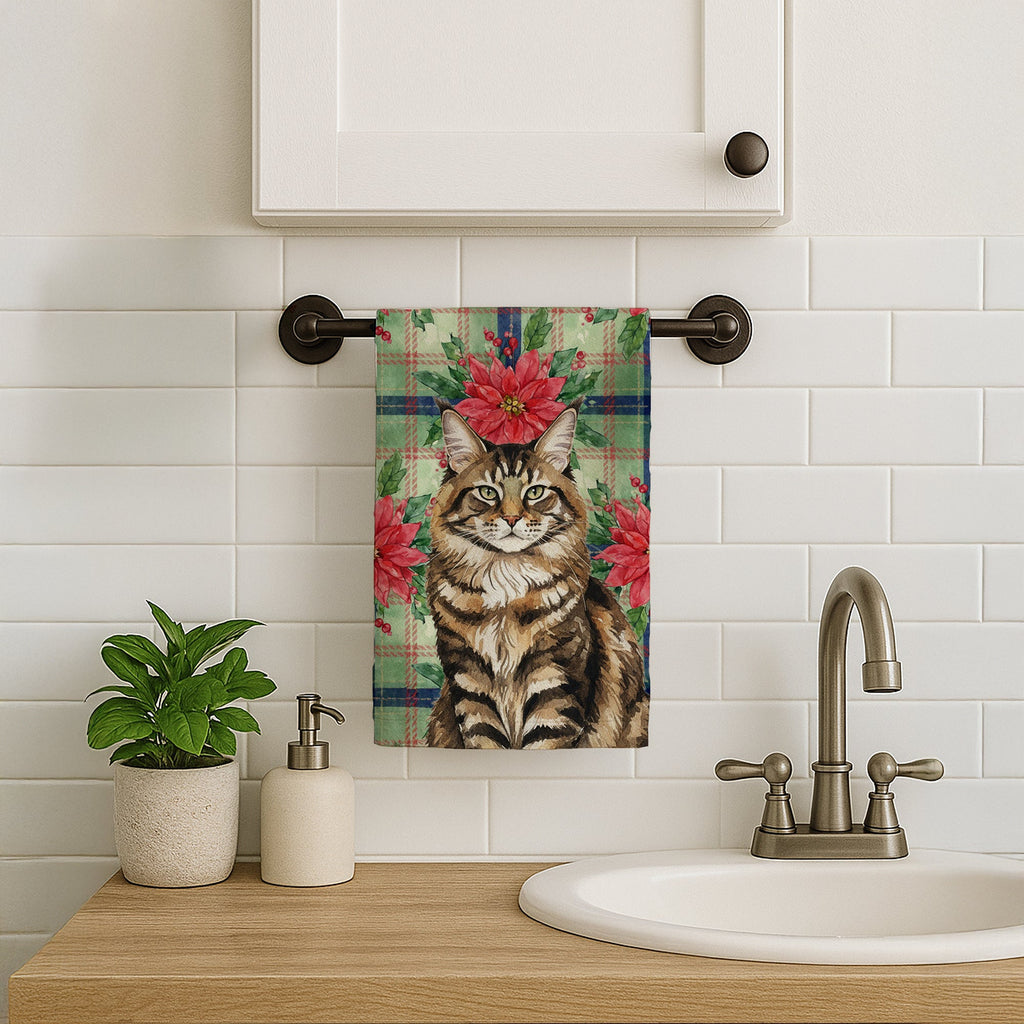 MaineCoon Brown Tabby Cat with Poinsettias Kitchen Towel Velour Plush Front and Cotton Loop Back Machine Washable