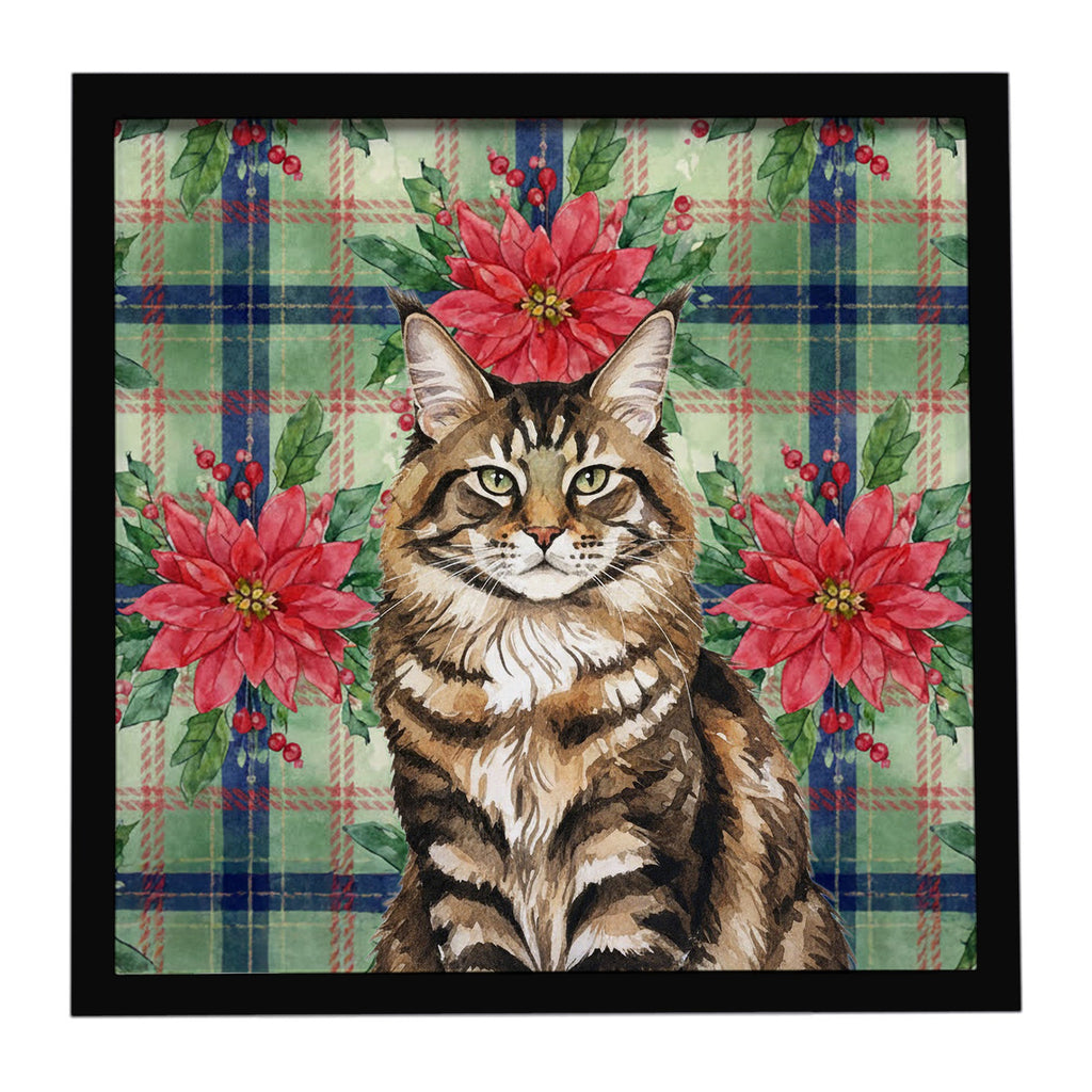 MaineCoon Brown Tabby Cat with Poinsettias Framed Metal Print Bathroom, Kitchen, Office, Home Decor Wall Art Ready to Hang, Square, 8X8
