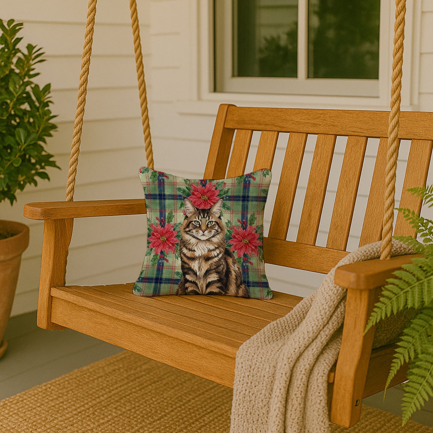 MaineCoon Brown Tabby Cat with Poinsettias Decorative Throw Pillow 14x14 Indoor Outdoor Accent Cushion, Fabric Cover with Insert for Sofa, Bed, Porch & Living Room