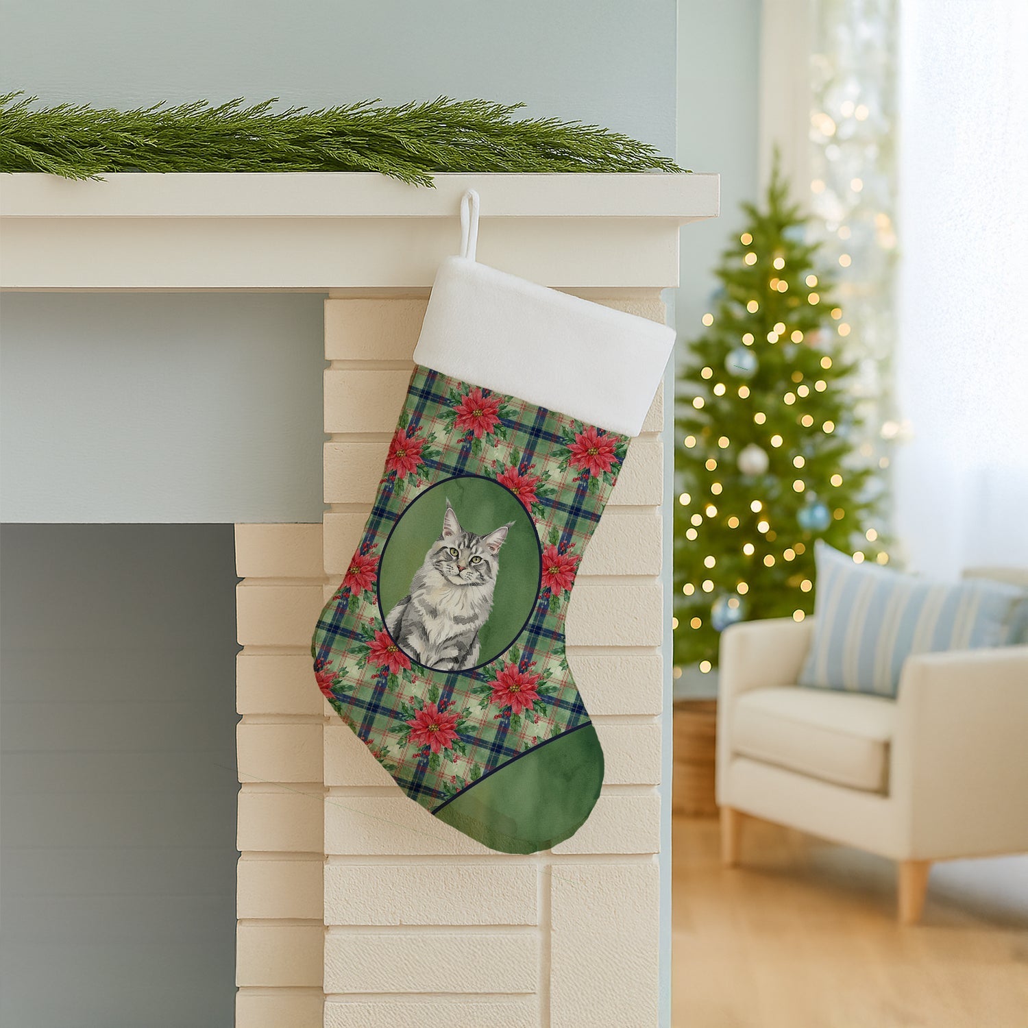 MaineCoon Silver Tabby Cat with Poinsettias Holiday Stocking Double-Sided Print, Polyester Suede,11x18, Made in USA