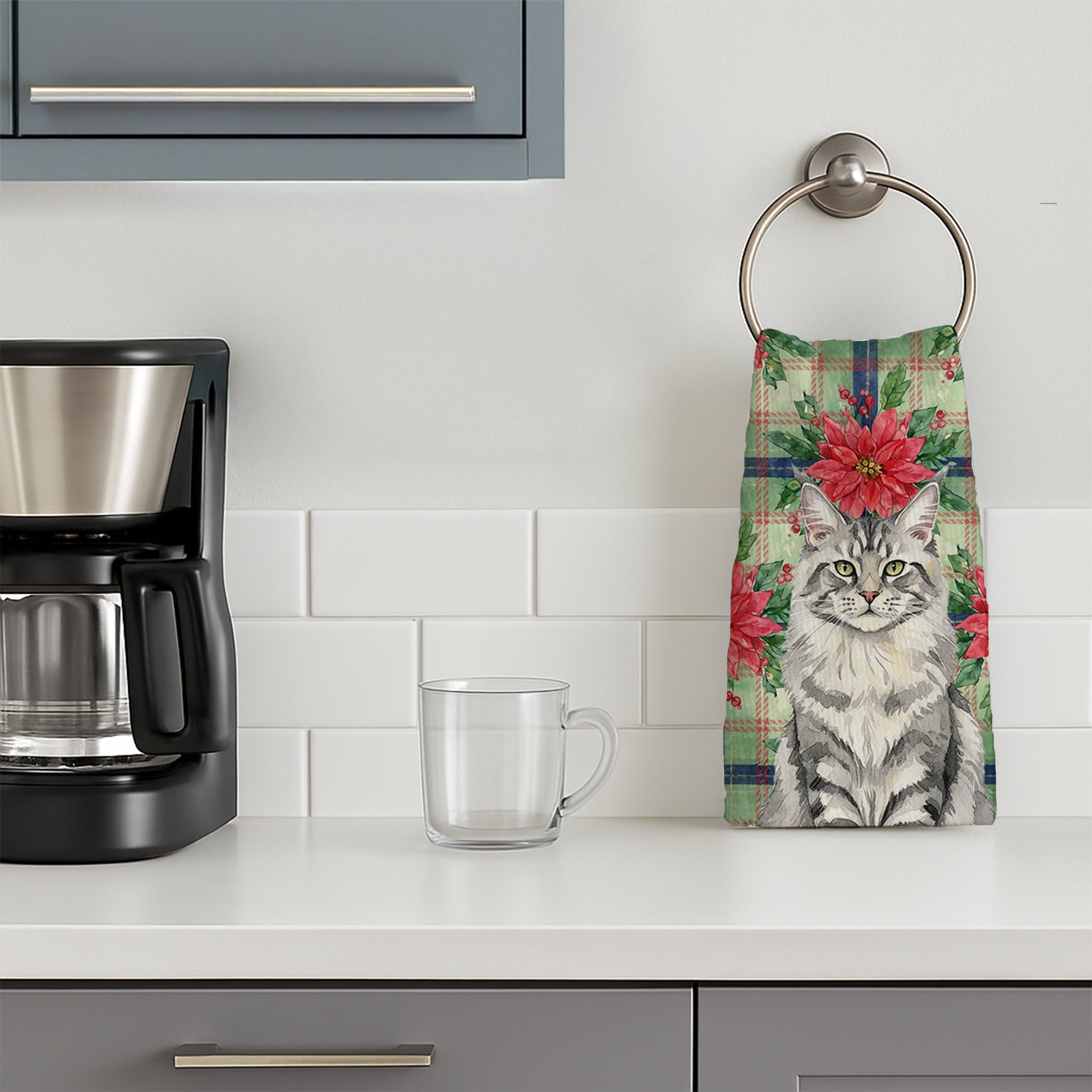 MaineCoon Silver Tabby Cat with Poinsettias Kitchen Towel Velour Plush Front and Cotton Loop Back Machine Washable
