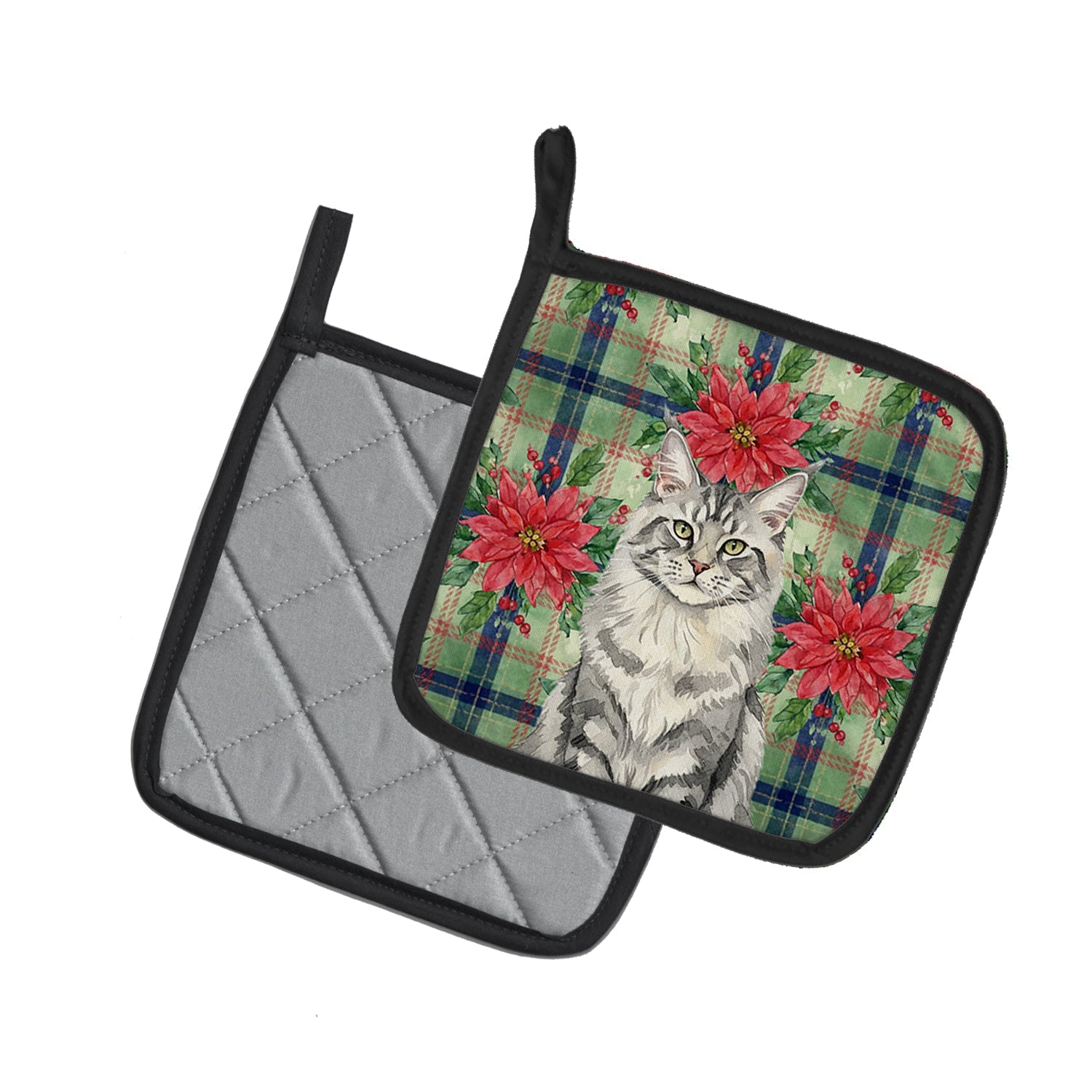 MaineCoon Silver Tabby Cat with Poinsettias Pot Holder Set of 2 Heat Resistant Quilted Hot Pads 7.5 x 7.5 Inch, Insulated Kitchen Trivets for Cooking & Baking