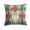 MaineCoon Silver Tabby Cat with Poinsettias Decorative Throw Pillow 18x18 Indoor Outdoor Accent Cushion, Fabric Cover with Insert for Sofa, Bed, Porch & Living Room