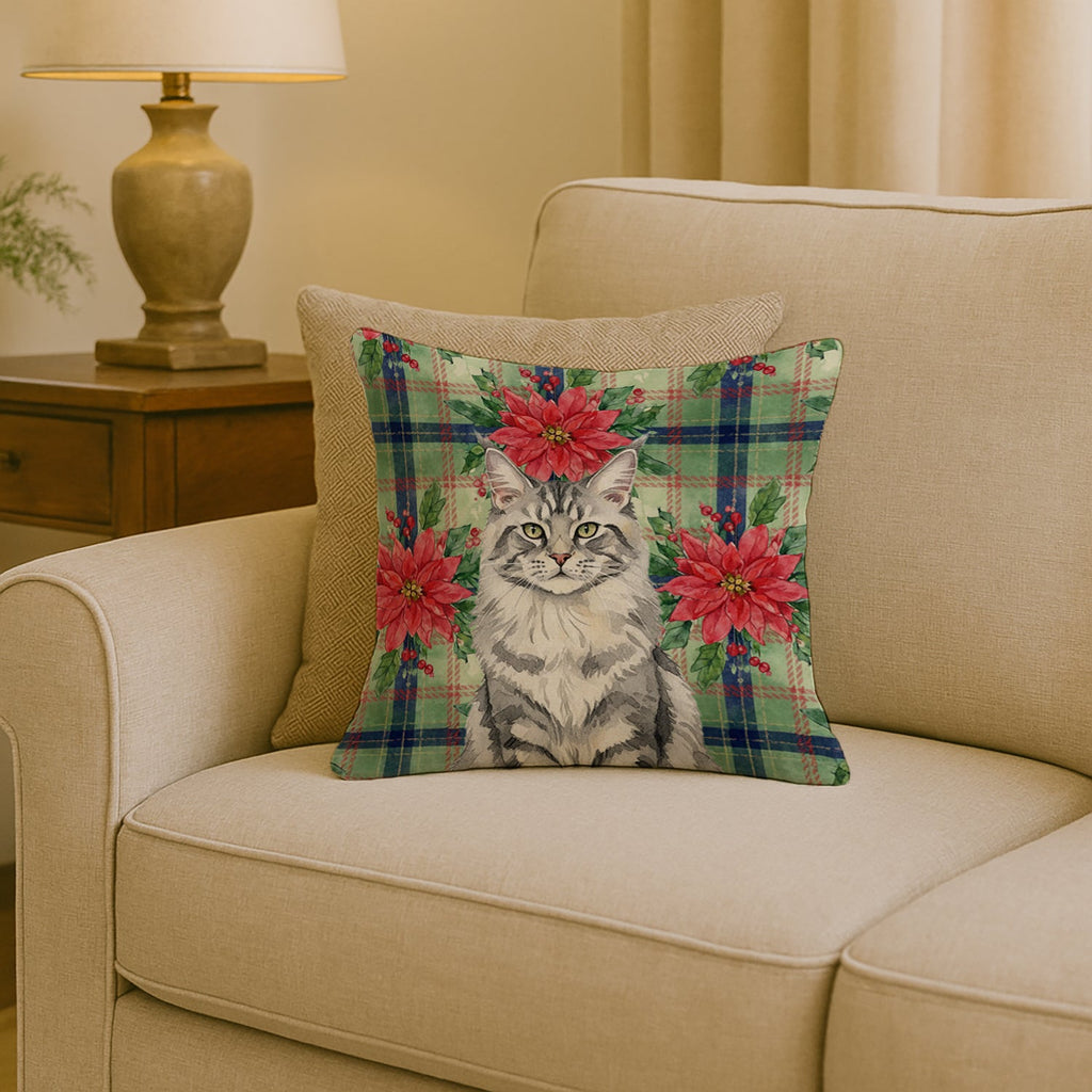 MaineCoon Silver Tabby Cat with Poinsettias Decorative Throw Pillow 18x18 Indoor Outdoor Accent Cushion, Fabric Cover with Insert for Sofa, Bed, Porch & Living Room