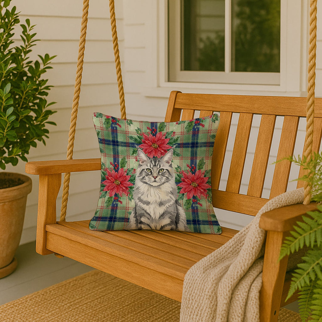 MaineCoon Silver Tabby Cat with Poinsettias Decorative Throw Pillow 18x18 Indoor Outdoor Accent Cushion, Fabric Cover with Insert for Sofa, Bed, Porch & Living Room