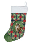Norwegian Forest Cat Brown Tabby Cat with Poinsettias Holiday Stocking Double-Sided Print, Polyester Suede,11x18, Made in USA