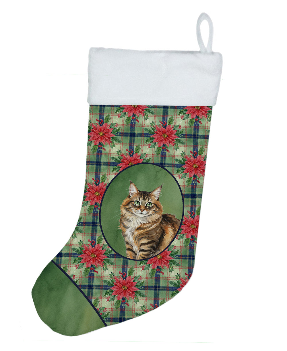 Norwegian Forest Cat Brown Tabby Cat with Poinsettias Holiday Stocking Double-Sided Print, Polyester Suede,11x18, Made in USA