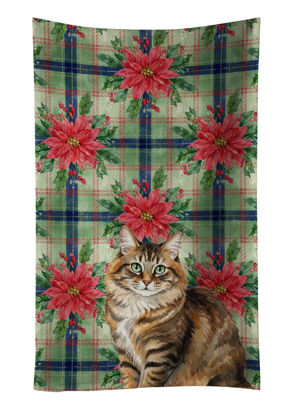 Norwegian Forest Cat Brown Tabby Cat with Poinsettias Kitchen Towel Velour Plush Front and Cotton Loop Back Machine Washable